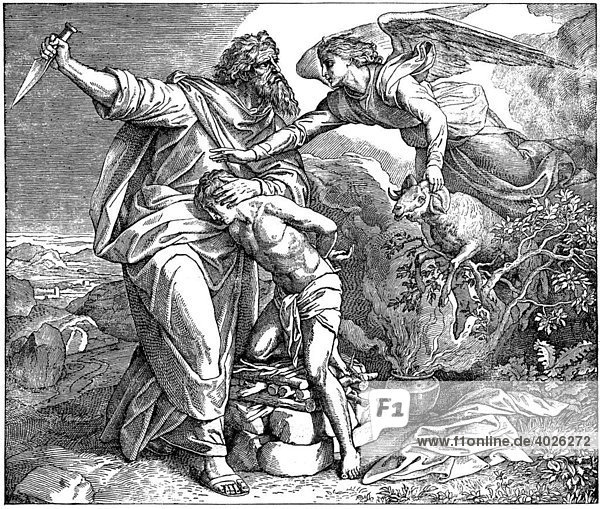 Holzschnitt  Isaaks Opferung  Genesis 22  12  Erschaffung der Welt  Altes Testament  Katholische Bilder-Bibel
