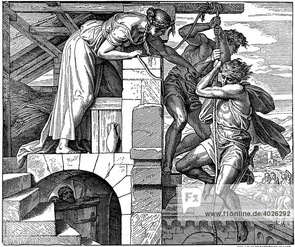 Holzschnitt  Rahab rettet zwei israelitische Kundschafter  Buch Josua  2  15  Altes Testament  Katholische Bilder-Bibel