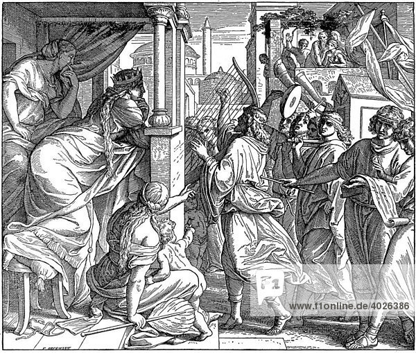 Holzschnitt  David wird von Michol verspottet  2. Buch Samuel  6  16  Altes Testament  Katholische Bilder-Bibel