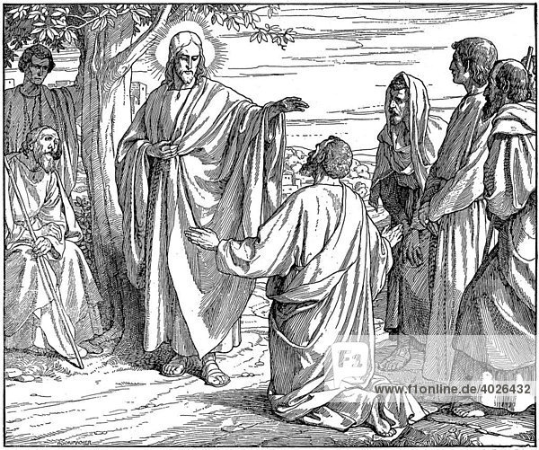 Holzschnitt  Die Verheißung des Primates  Matthäus  16  18  Neues Testament  Katholische Bilder-Bibel