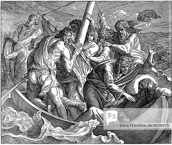 Holzschnitt  Der Sturm auf dem Meer  Matthäus  8  24  Neues Testament  Katholische Bilder-Bibel