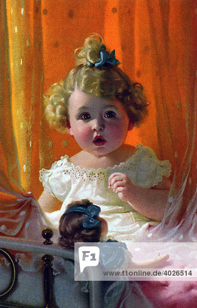 Kleines Mädchen im Kinderzimmer  Postkartenmotiv  um 1900