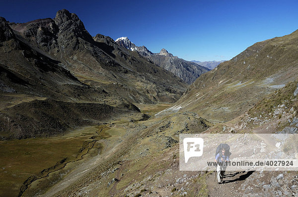 Hiker in the Cordillera Huayhuash  Peru  South America