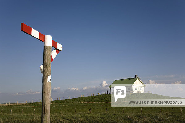 Kleines Haus auf Warft  am einspurigen Weg zur Hallig  Signal zeigt Ausweichstelle an  Hamburger Hallig  Nordfriesland  Schleswig Holstein  Deutschland  Europa