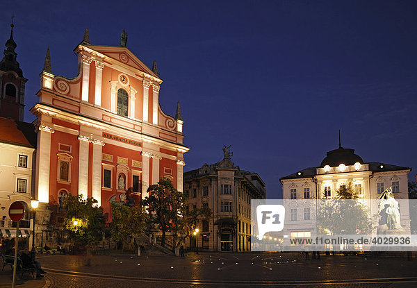 Preseren Square at night  Ljubljana  Slovenia  Europe