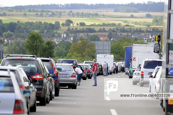Traffic jam  lane for rescue vehicles  road accident on a freeway  Altingen  Baden-Wuerttemberg  Germany  Europe