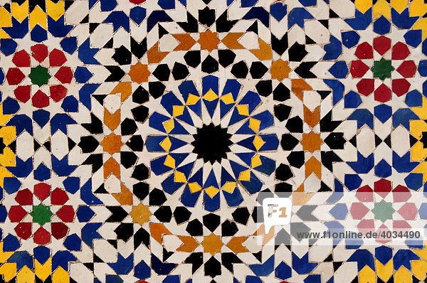 Wall mosaic on a building in the Medina  Historic Centre of Marrakech  Morocco  Africa