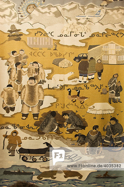 Tapestry depicting the life of the Inuit Eskimos  Museum of Iqaluit  Frobisher Bay  Baffin Island  Nunavut  Canada  North America