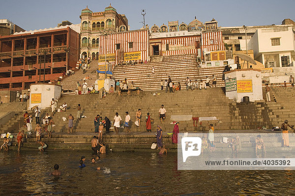 Indians doing the traditional morning ablution on the stairs of the Kedar Ghat  Varanasi  Benares  Uttar Pradesh  India  South Asia