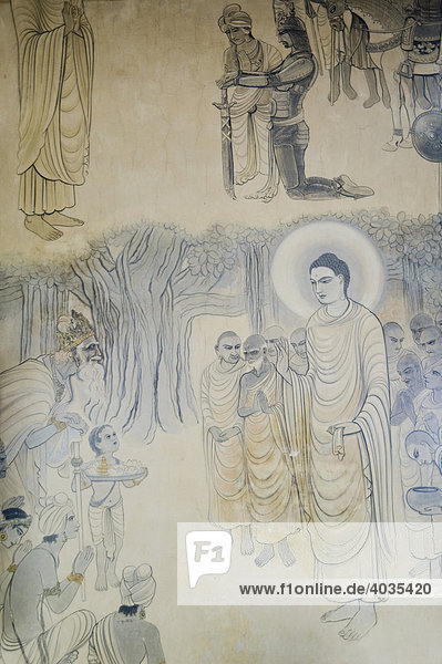 Buddha with his disciples  detail of a wall painting of the Japanese artist Kosetsu Nosu representing the Life of Buddha  Mulagandha Kuti Vihara Buddhist temple  Sarnath  Uttar Pradesh  India  South Asia