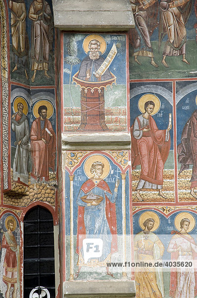 Exterior frescoes  Church of Annunciation  UNESCO World Heritage Site  Moldovita  Southern Bukovina  Moldova  Romania  Europe
