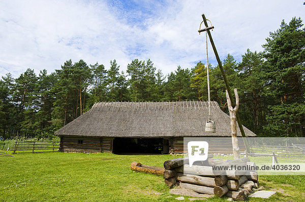 Reedgedecktes Holzhaus  Stall  davor Ziehbrunnen  Freilichtmuseum  Tallinn  Estland  Baltikum  Nordosteuropa