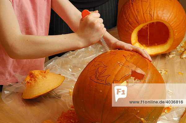 Young girl  9 years old  cutting out a face of a pumpkin for Halloween