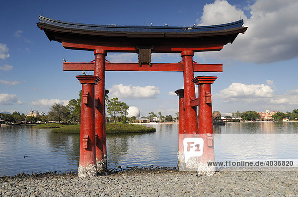 Vermilion torii at the Japanese pavilion in the World Showcase at Epcot in Disney World  Florida  USA
