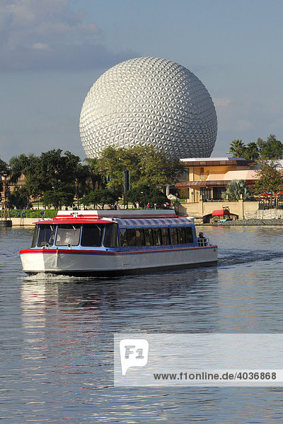 Ferry boat with Spaceship Earth behind  Epcot  Disney World  Florida  USA