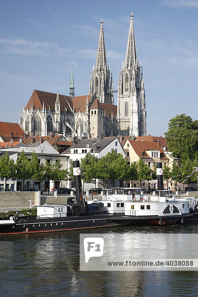 Dom und Museumsschiff  Regensburg  UNESCO Weltkulturerbe  Donau  Oberpfalz  Bayern  Deutschland  Europa