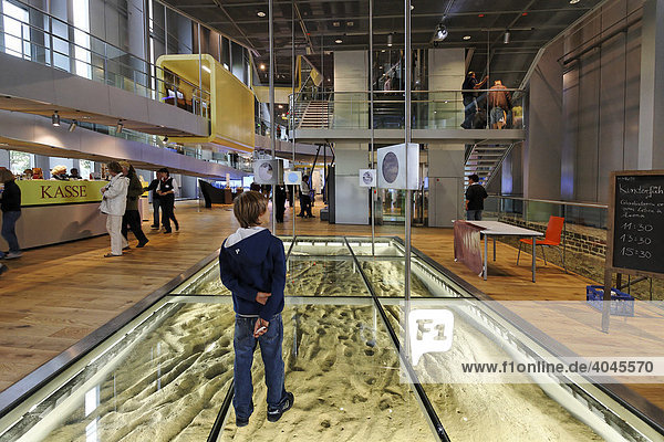 Neues Römermuseum  Eingangshalle mit Abdrücken von römischen Spuren unter Glas  Archäologischer Park Xanten  APX  Niederrhein  Nordrhein-Westfalen  Deutschland