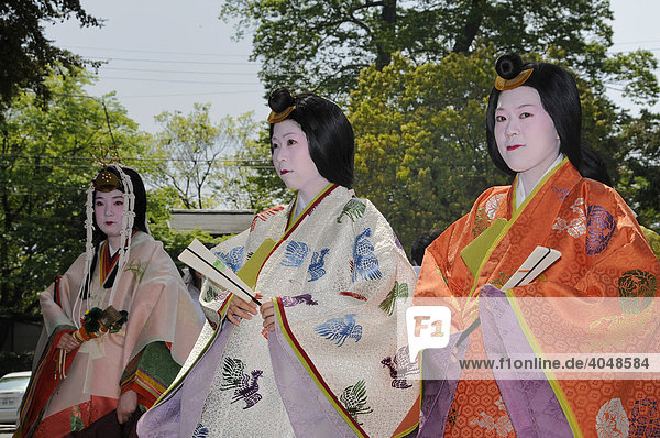 Court ladies of the royal household of the Saio dai  the central character of the Aoi Matsuri  Aoi Festival  Kyoto  Japan  Asia
