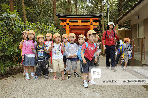 Japanische Kindergartenkinder besichtigen den Fujimi Schrein in Kyoto  Japan  Asien