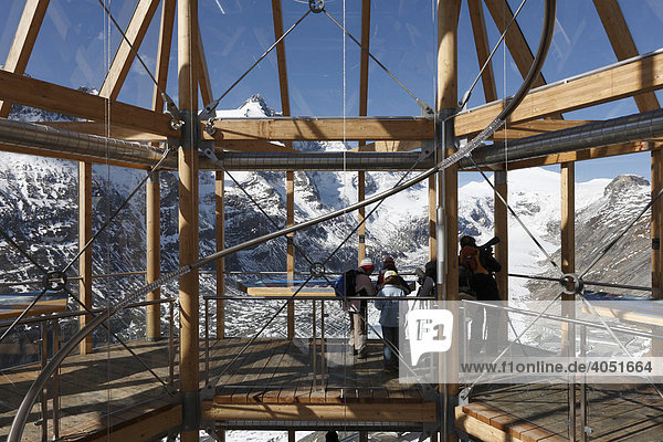 Wilhelm Swarovsky Observatory at Kaiser-Franz-Josefs-Hoehe with a view to Grossglockner mountain and Pasterze Glacier  Grossglockner High Alpine Road  Hohe Tauern National Park  Carinthia  Austria  Europe