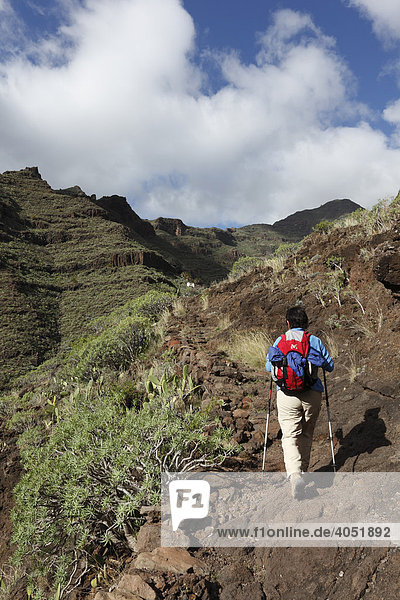 Woman with a rucksack hiking in the Barranco de Benchijigua  La Gomera  Canary Islands  Spain  Europe