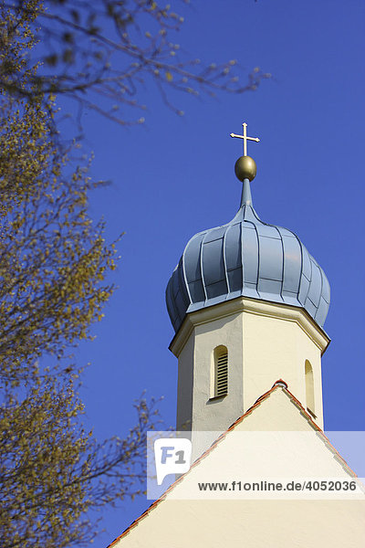 Kapellenturm vor blauem Frühlingshimmel und austreibenden Ahornbäumen (Acer)  Bayern  Deutschland  Europa