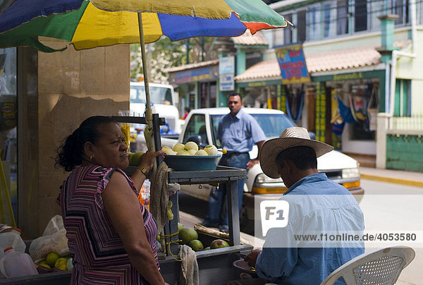 Vendor  shops  street in Coxen Hole  capital city  Roatan  Bay Island  Honduras  Central America