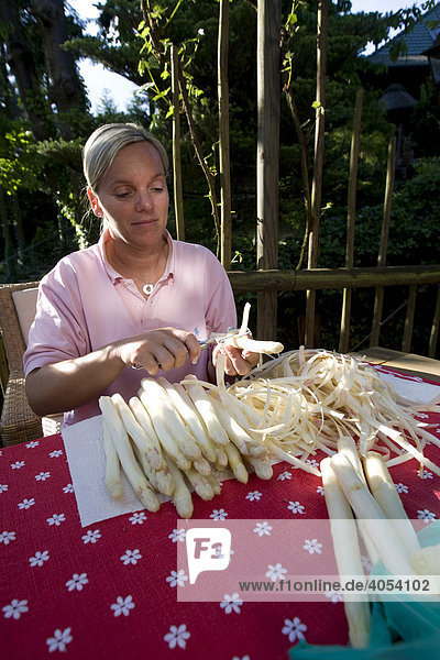 Woman peeling fresh white asparagus  Hesse  Germany  Europe