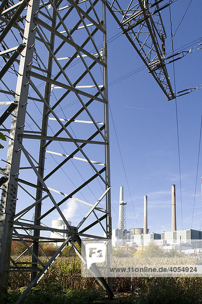 Strommast führt Strom von dem Dampfkraftwerk der Firma Eon ab  hinten ein Maisfeld und das Staudinger Dampfkraftwerk  Großkrotzenburg  Hessen  Deutschland  Europa