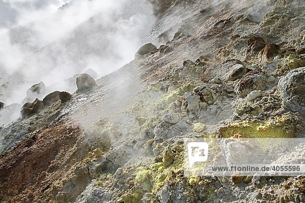 Dampfende  mit Schwefel bedeckte Erdlöcher und Spalten  Geothermalgebiet Seltun in Südisland  Island  Europa