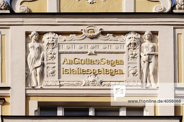 Detail  ornamental quote and decoration on a house facade  Bamberg  Upper Franconia  Bavaria  Germany  Europe