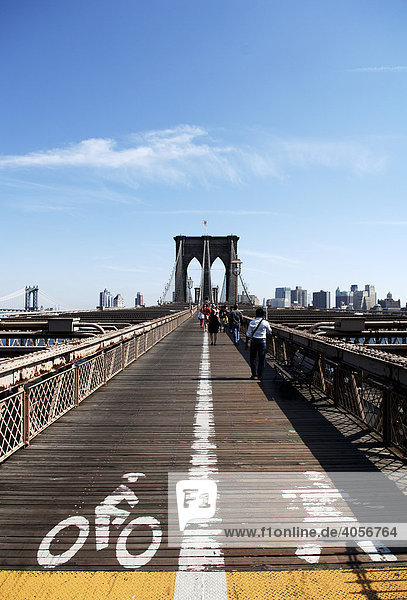 Brooklyn Bridge with road signs  New York City  USA