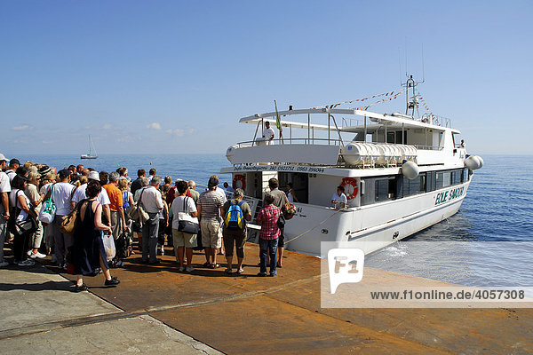 Tour ship  day tourists departing from Stromboli Island  Aeolian or Lipari Islands  Tyrrhenian Sea  Sicily  South Italy  Italy  Europe