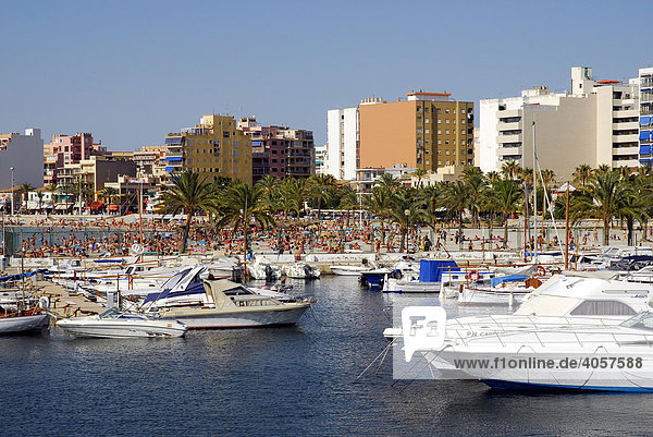 Boote im Club Nautic s'Arenal  Jachthafen  dahinter die Gebäude am Boulevard von Arenal  Mallorca  Balearen  Mittelmeer  Spanien  Europa