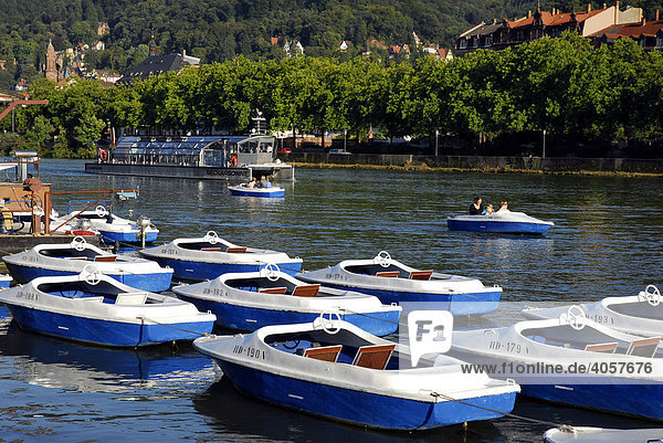 Boat rental on towpath with view of old city  Neckar River  Heidelberg  Neckar Valley  Baden-Wuerttemberg  Germany  Europe