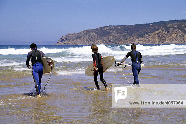 Praia do Guincho  beach on the Atlantic with surfers from Cascais  Estoril and Lisbon  Portugal  Europe