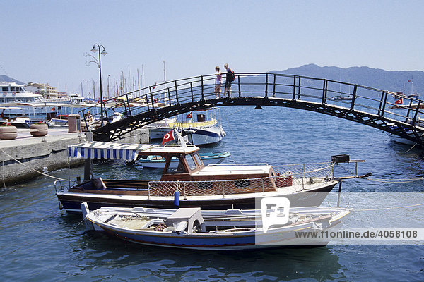 Footbridge  boats in the port  Marmaris in the Mugla Province  Mediterranean Sea  Turkey