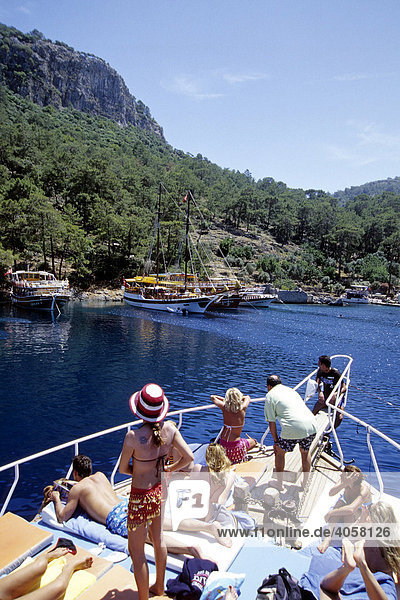 Tourism in the Cleopatra Hamami Bay  ancient bathing resort  yachts in the Bay of Fethiye  Mugla Province  Mediterranean  Turkey