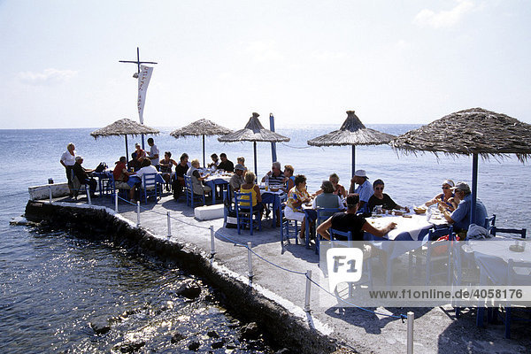 Bar  cafe  restaurant terrace in the south of the island at Akrotiri beach  Akrotiri  Santorini or Thira  Cyclades  Aegean Sea  Mediterranean Sea  Greece  Europe