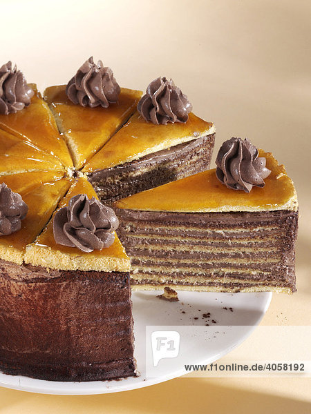 Sliced Dobos Cake on a plate  Hungarian dobostorta  made of layers of sponge cake and choclate cream with caramel icing
