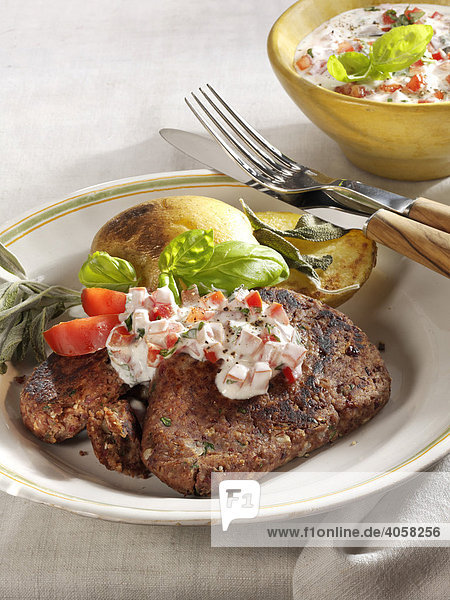 Meat-free cutlets with tomato-yoghurt sauce