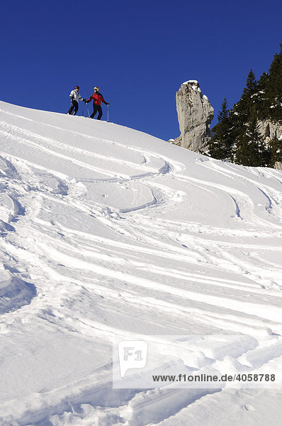 Skiers on the Idealhang run  Latschenkopf Mountain  Brauneck  Bayrische Alpen or Bavarian Alps  Bavaria  Germany  Europe