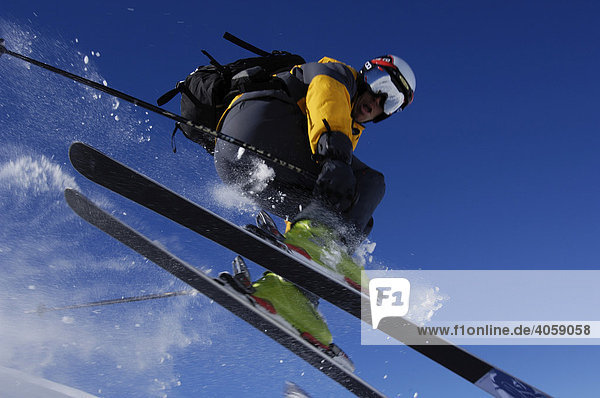 Skier doing a jump  Zermatt  Valais or Wallis  Switzerland  Europe