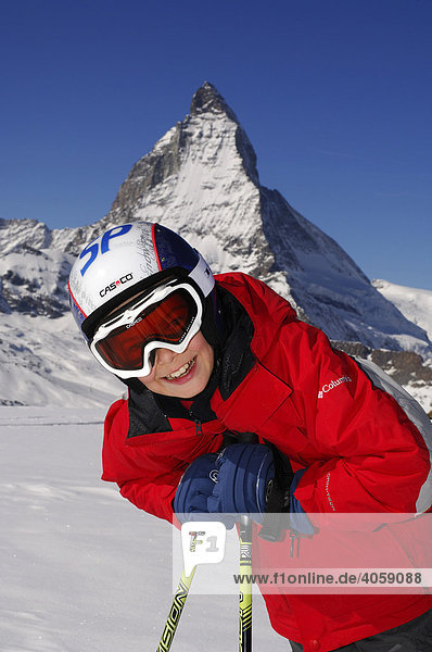 Child Skier in front of the Matterhorn in Zermatt  Wallis or Valais  Switzerland  Europe