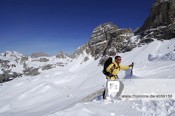 Snowshoe hiker in the High Puster Valley or Alto Pusteria  Bolzano-Bozen  Dolomite Alps  Italy  Europe