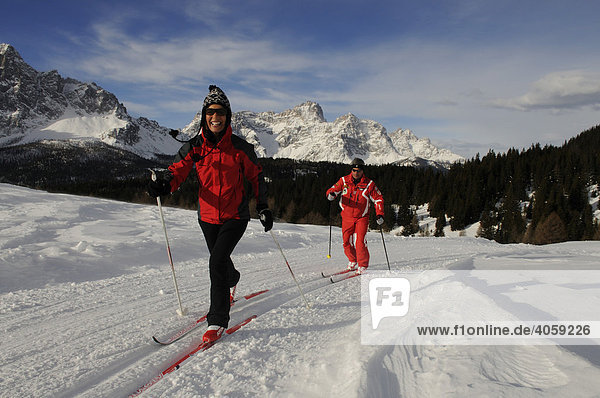 Nordic or cross-country skiers on the Alpe Nemes Alps  High Puster Valley or High Puster Valley or Alto Pusteria  Bolzano-Bozen  Italy  Europe