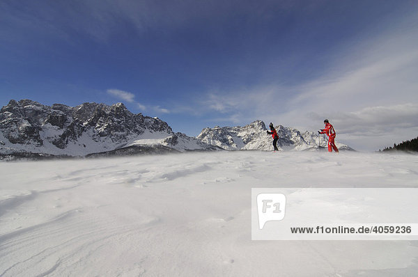 Nordic or cross-country skiers on the Alpe Nemes Alps  High Puster Valley or High Puster Valley or Alto Pusteria  Bolzano-Bozen  Italy  Europe