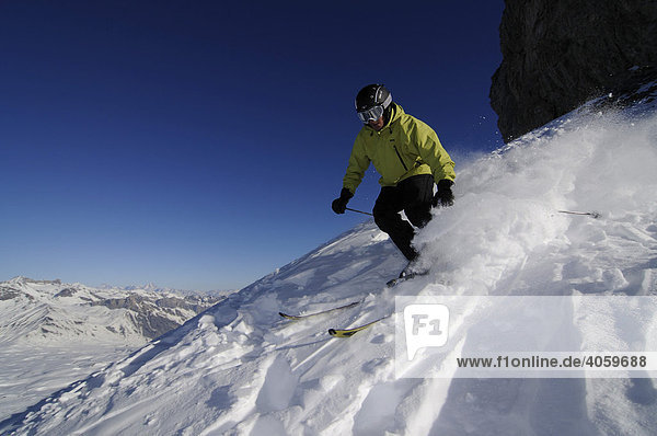 Skier on Tour Saint Martin  Col du Pillon  skiing region Glacier 3000  Gstaad  Western Alps  Bernese Oberland  Switzerland  Europe