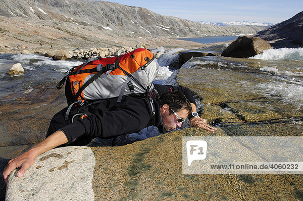 A hiker drinking from a creek  Hundefjord  East Greenland  Greenland