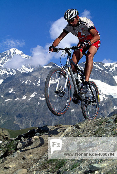 Mountainbiker in front of Mt. Obergabelhorn  Zermatt  Wallis  Switzerland  Europe